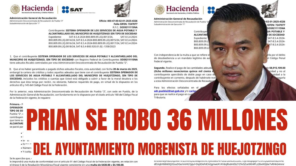 Monicao2712's tweet photo. 🚨#ÚLTIMAHORA 
¡URGENTE DIFUNDIR‼️ 
MUNICIPIO DE HUEJOTZINGO PUEBLA, PUEDE SER EMBARGADO POR  CULPA DE LOS RATAS DEL PRIAN. 

Fueron más de 28 millones de pesos robados qué hoy notifica el #SAT y ahora el pueblo tiene que pagar casi 9 millones de pesos más, es decir 36 MILLONES,   para que no le embarguen el municipio ⚠️

Así operaron por años: 
¡Qué vergüenza!
Ahora el gobiernos de la 4T no tiene opción, deberán pagar lo que se robó el PRIAN. 
#NuncaMásPRIAN