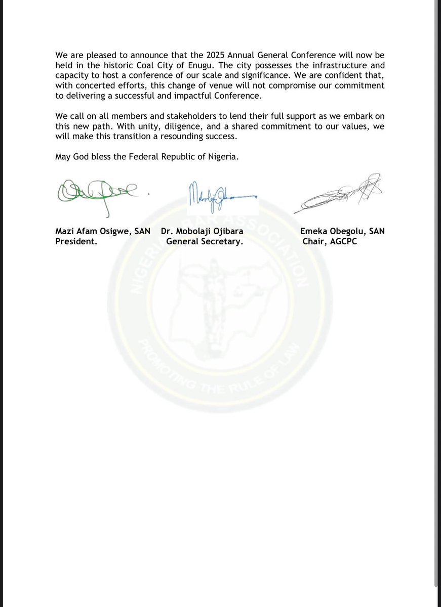 Breaking News! 

NBA-Annual General Conference 2025 to hold in Enugu State. 

Full details 👇