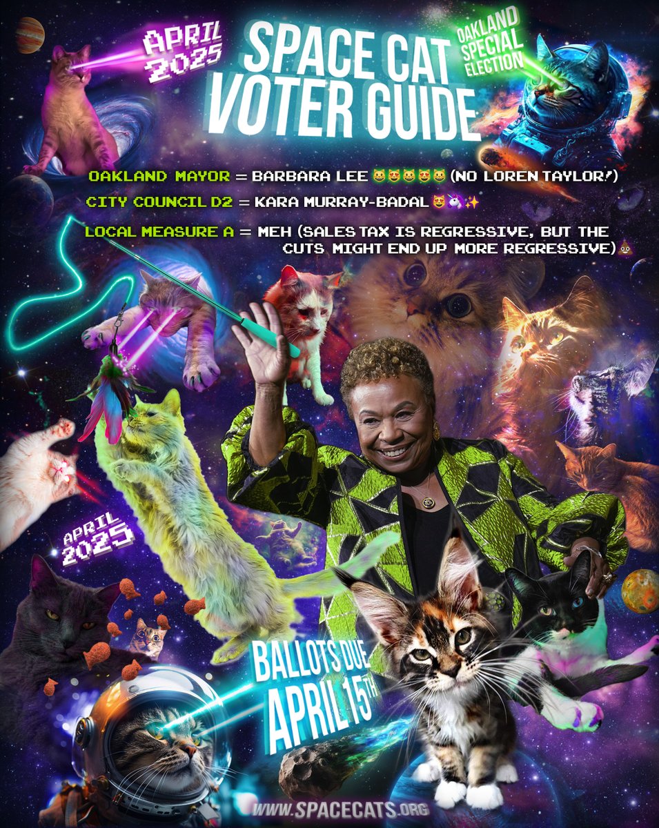 spacecatvoters's tweet photo. Oakland GO VOTE! The Mayoral race is tighter than you may think, let's keep it Progressive... vote for @barbaraleeforca and @kmb4oakland !! Ballots due by the 15th! https://t.co/SxWq8XXqaI https://t.co/TtQpzGmkZP