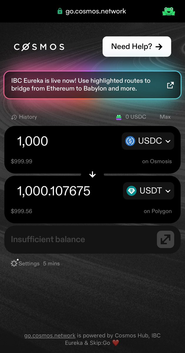 I tried IBC Eureka today and I hadn’t seen anything as smooth as that in my entire crypto career. 
Most dApps let you bring your asset into the eco but transferring them back is a nightmare and <a href="/cosmos/">Cosmos - The Interchain ⚛️</a> interchain mission changed the game with its giant leap as #IBCEureka

$atom