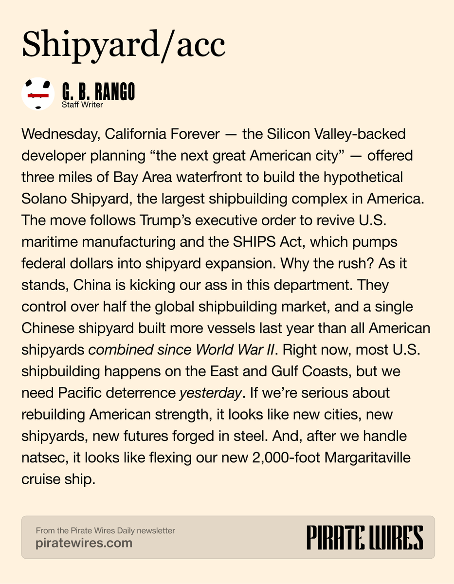 Jan Sramek 🇺🇲 🌁 ⛰️ (@jansramek) on Twitter photo "If we’re serious about rebuilding American strength, it looks like new cities, new shipyards, new futures forged in steel." <a href="/PirateWires/">Pirate Wires</a> and <a href="/micsolana/">Mike Solana</a> on <a href="/CAForever/">California Forever</a>. "If we’re serious about rebuilding American strength, it looks like new cities, new shipyards, new futures forged in steel." <a href="/PirateWires/">Pirate Wires</a> and <a href="/micsolana/">Mike Solana</a> on <a href="/CAForever/">California Forever</a>.
