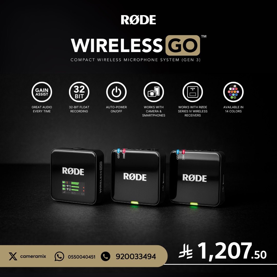CameraMix's tweet image. RØDE Wireless GO (Gen 3)
مايكروفون لاسلكي احترافي لصنّاع المحتوى والمصورين.

🔊 32-Bit Float Recording
🎚️ GainAssist الذكي
🔋 بطارية تدوم حتى 40 ساعة
📱 متوافق مع الكاميرات والهواتف
🎨 يتوفر بـ 14 لون
📂 تخزين داخلي
📦 صوت احترافي في كل مكان

#RodeWirelessGO