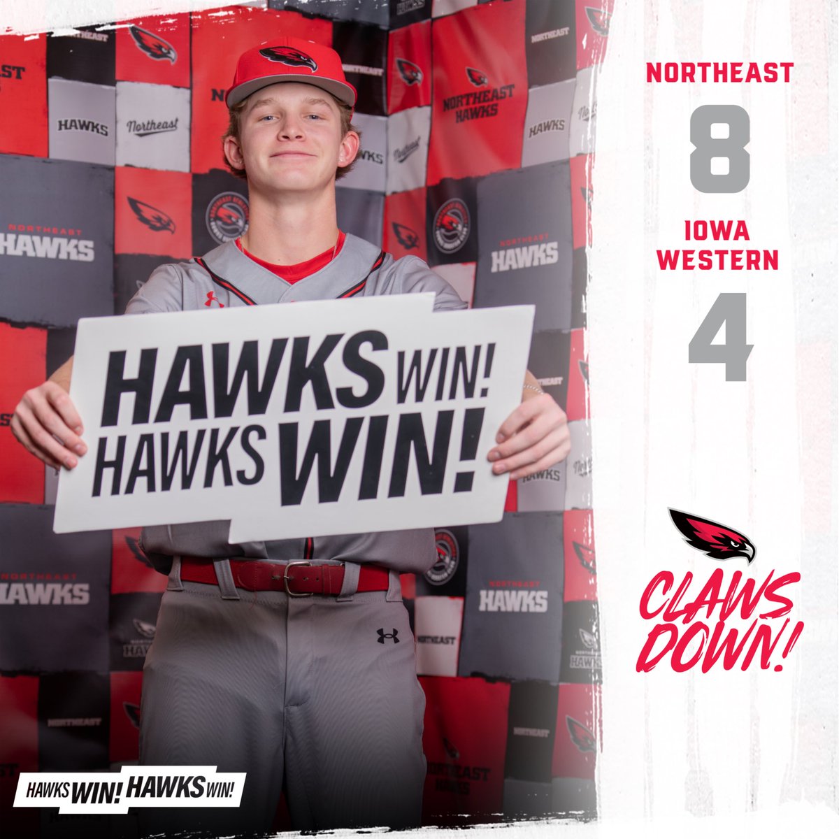 𝙃𝙖𝙬𝙠𝙨 𝙒𝙞𝙣! 𝙃𝙖𝙬𝙠𝙨 𝙒𝙞𝙣!

Northeast scores eight in the first inning and holds their lead the rest of the way to top NJCAA DI Iowa Western by a final score of 8-4!

Carter Noakes: 1-3, 3B, R, 2 RBI, 2 BB
Max Denson (W): 4.1 IP, 2 H, ER, 5 K

#ClawsDown | 🔴⚫️⚪️⚾️