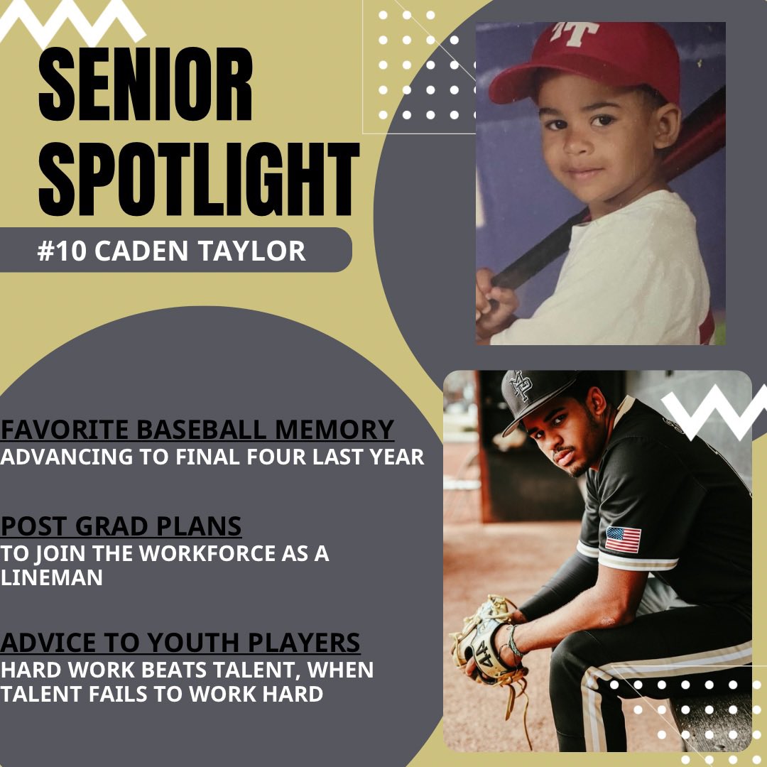 Our next Senior Spotlight is with Caden Taylor. He is the son of John Taylor and Fonda Anderson and the brother of Devin. Caden has played every position in our Outfield with his biggest catch coming during our Final 4 series last year in Savannah up against the Left Field Wall.