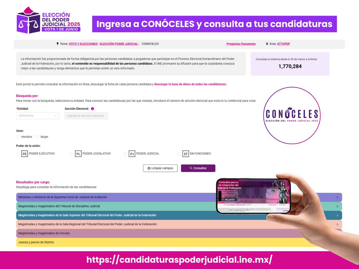 ¿🔎Ya conoces a tus candidatas y candidatos que aspiran a integrar el Poder Judicial de la Federación?

Ingresa al portal CONÓCELES y consulta su trayectoria y propuestas 👉candidaturaspoderjudicial.ine.mx

¡Este 1 de junio, 🗳️vota en la #ElecciónJudicial!
