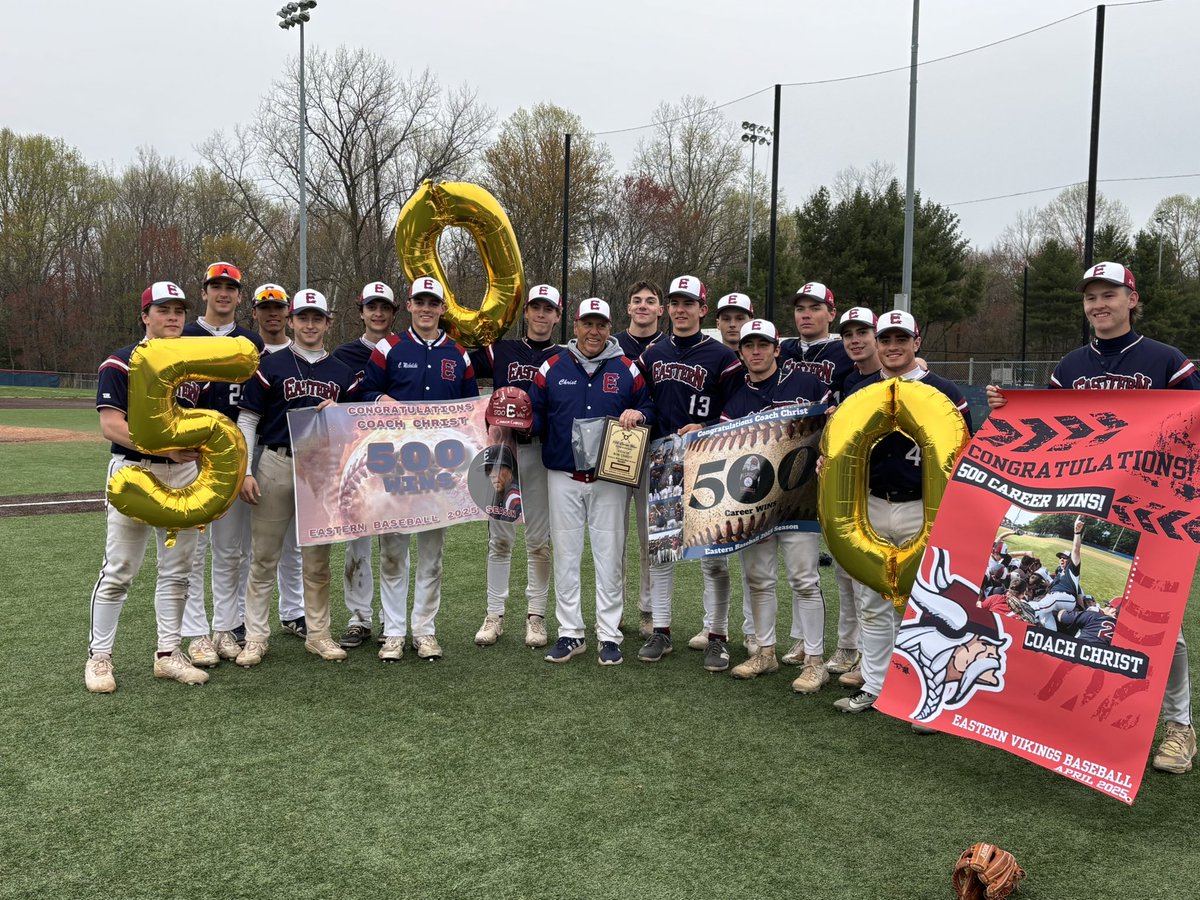 EasternGameday's tweet photo. ⚾️🔴Eastern beats CH East to give Head Coach Rob Christ his 500th career win!

@easternbasebal1 @easternviking @kminnicksports @cbaker_nj 
@sjnard @DWBroadcasting https://t.co/UkddBR45Qw