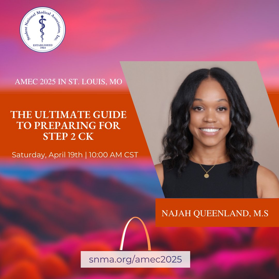 SNMA's tweet photo. AMEC is just around the corner, so we're sharing a few more upcoming sessions with you. What speakers are you most excited to hear from? Let us know in the comments!
#SNMA #MAPS #AMEC2025 #AMEC #StLouis #MedicalStudents #PreMeds #DiversifyMedicine #BlackDoctors #StudentDoctors https://t.co/U55xRkKS3u
