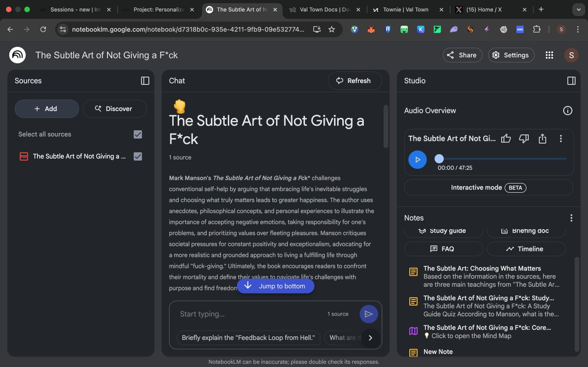 Slimdono's tweet photo. Used notebooklm to summarize the great book "The subtle art of not giving a fvck"  and i can say the result was astonishing. unlike other ai, it gives answers in accordance to the sources you uploaded which makes it matches with your want.
#ALX_AiSk @alx_africa https://t.co/x5gQgtwxZ5