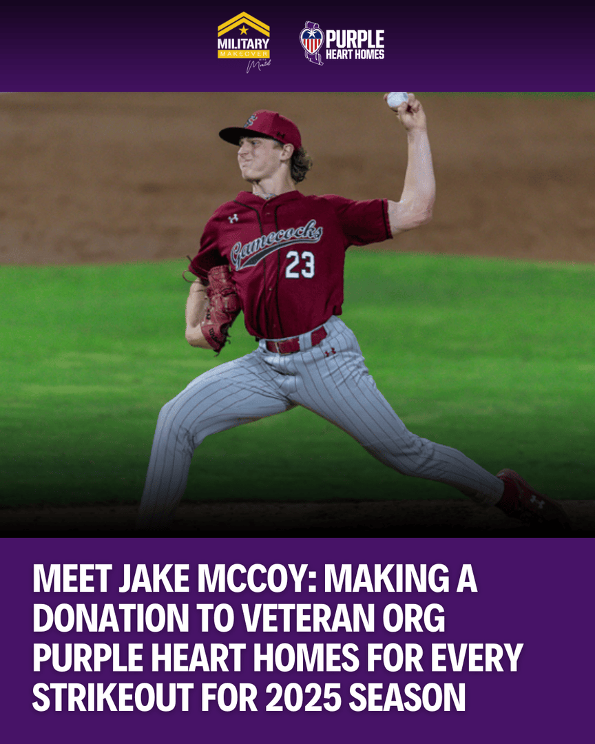 MilitaryMkover's tweet photo. Gamecocks pitcher Jake McCoy is bringing heart to the mound this season. In partnership with @PHH_USA, Jake is donating $23 for every strikeout he records to support housing solutions for disabled and aging veterans. 

#MilitaryMakeover #PurpleHeartHomes #JakeMcCoy https://t.co/oJoOBp3MPf