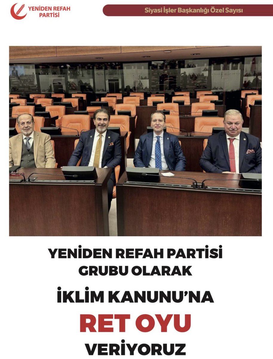 suatkilic's tweet photo. Yeniden Refah Partisi olarak 4 vekille 400 vekillik bir etki oluşturuyor ve İklim Kanunu’na Hayır diyoruz.

Bugün durdurmaya gücümüz yetmezse, yarın, yürürlükten kaldıracak güce erişeceğiz.

Yeniden Refah… Kökü Milli Görüş’te, Gücü Milletten!