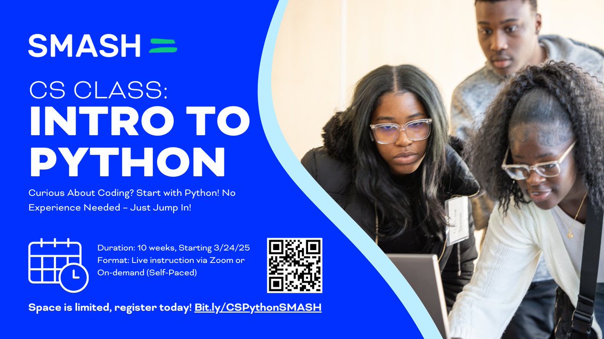 SMASHprogram's tweet photo. Learn #Python for FREE! SMASH Virtual’s Intro to Python course is perfect for beginners—no experience needed. Learn at your own pace and unlock a future in tech.
Sign up today! 👉 https://t.co/aWYhTU0Cmm
#LearnToCode #Python #TechEducation #STEMAccess #FreeCodingClass https://t.co/tQ4vsnoM4F