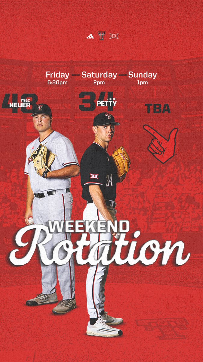 TTU_Baseball's tweet image. Switching it up for the weekend! 

⚾️ @jeffreyMacHeuer 
⚾️ @zanepetty22 
⚾️ TBA