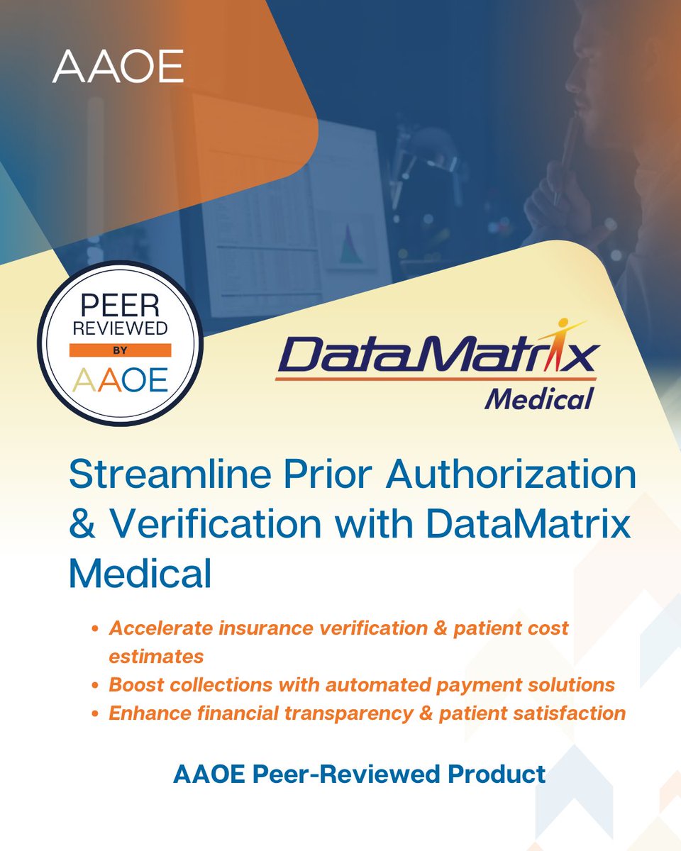 AAOE_OrthoExec's tweet image. 📢 Simplify prior authorizations with DataMatrix Medical
As an AAOE Peer-Reviewed provider, DataMatrix accelerates approvals, reduces admin burdens, and enhances patient care.
🚀 Boost efficiency today!
🔗 Learn more: bit.ly/4iwv0UA
#TheAAOEShortlist #DataMatrix