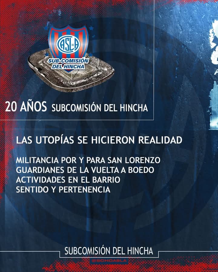 20 años de amor por San Lorenzo

Hace dos décadas nacía la Subcomisión del Hincha. Un grupo de socios e hinchas con un solo objetivo: devolverle al club su historia, su esencia y su identidad.