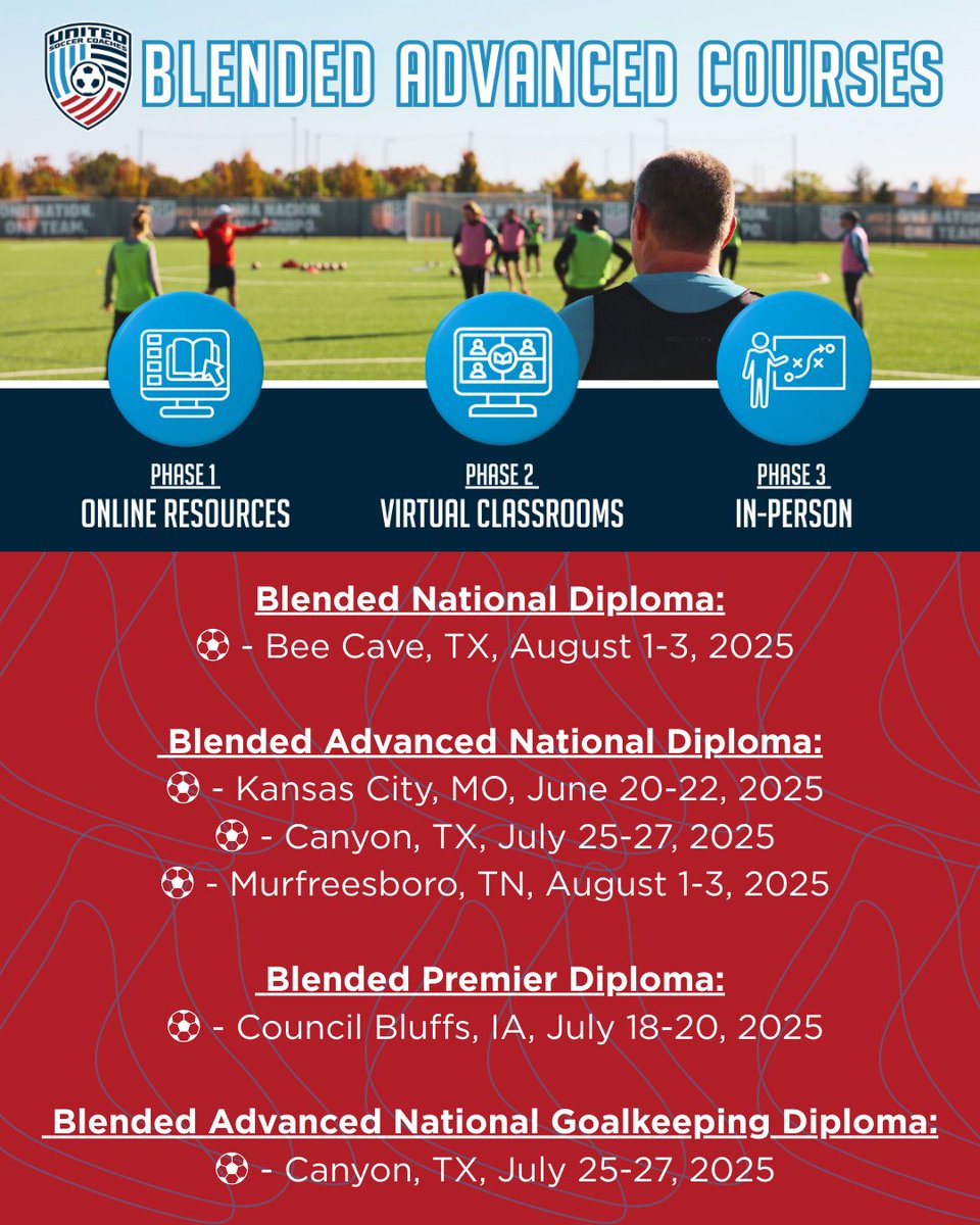 ☀️⚽ Summer Courses Are Almost Here! ⚽☀️
Commit to furthering your development as a coach and join us this summer for one of our blended advanced diploma courses.  Zoom call start in early May, so don't wait to sign up.
hub.unitedsoccercoaches.org/nc__upcomingev…