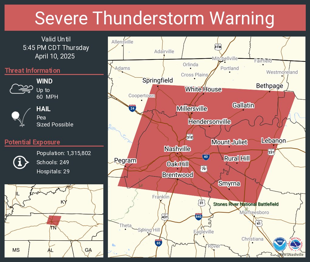 Severe Thunderstorm Warning including Nashville TN, Hendersonville TN and  Smyrna TN until 5:45 PM CDT