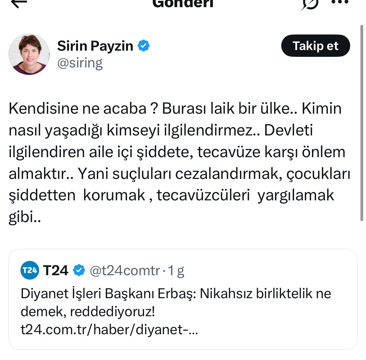Laiklik nedir acaba?
Laiklik, İslam dışındaki her şeyi yaşamak ve dayatmak demekse, çıkın bu halka açıkça söyleyin!

Nikahsız birliktelikleri meşru gören hangi dinden talimat alıyorsunuz?

Diyanet, din ile ilgilenmeyecekse ne yapacak?
İşte Kemalist zihniyet tam da budur👇👇