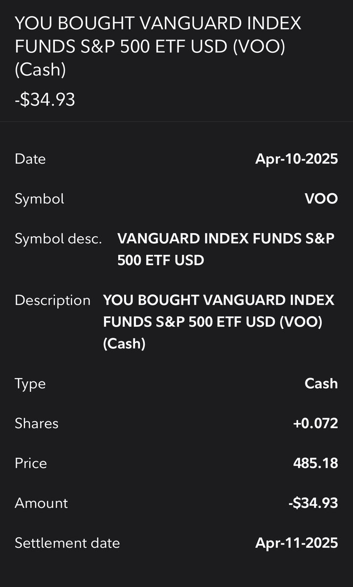 DollarCostDaily's tweet photo. 📈 Daily DCA Update
$VOO buy: $34.93 @ $485.18
$BTC buy: $25.00 @ $82,414.08

#DollarCostAveraging #VOO #Bitcoin #Investing https://t.co/E1OhT07PdS
