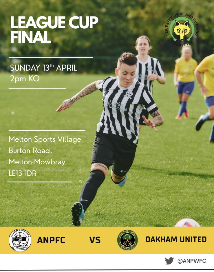 ANPWFC's tweet photo. 🏆🏆LEAGUE CUP FINAL🏆🏆

On Sunday we travel to Melton Mowbray for the league cup final! It’s a huge game and we’re super excited to have made it our first ever cup final. 

📅 Sunday 13th April, 2pm
📍 Melton Sports Village, Burton Road, LE13 1DR
🍻 Bar open
🐕‍🦺 Dogs on leads https://t.co/k2FQu9vcRL