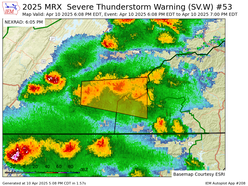 VictoriaCavWx's tweet photo. MRX issues Severe Thunderstorm Warning [wind: <50 MPH (RADAR INDICATED), hail: 1.00 IN (RADAR INDICATED)] for Cherokee [NC] and McMinn, Monroe, Polk [TN] till 7:00 PM EDT https://t.co/Y8BUHfjFDF https://t.co/VYsQ20d7Tu