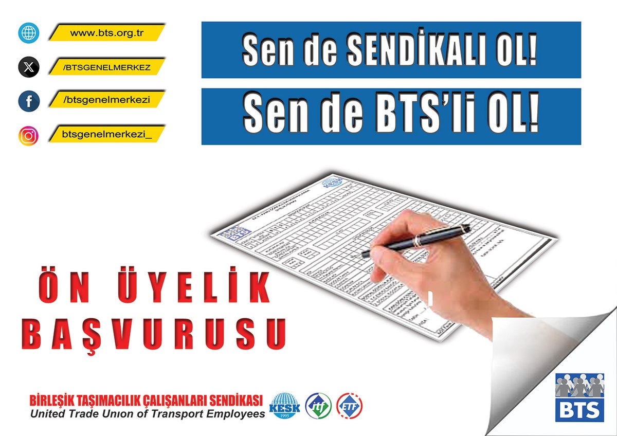 Değerli ulaştırma emekçisi arkadaşımız; 
Sendikamıza üye olmak için aşağıdaki linki tıklayıp formu doldurmanız halinde, bulunduğunuz ildeki yönetici ve temsilcilerimiz sizinle iletişime geçip resmi üyeliğinizi tamamlayacaktır.
BTS ÖN ÜYELİK İÇİN 
forms.gle/Q9YjwnusWFTsCQ…