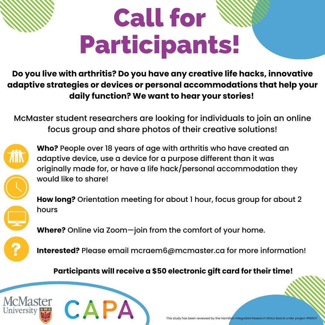 Do you live with Arthritis? Do you have any creative life hacks, innovative adaptive strategies or devices or personal accommodations that help your daily function? We want to hear from you!

Visit this link buff.ly/mAVEwgB to learn more and participate.