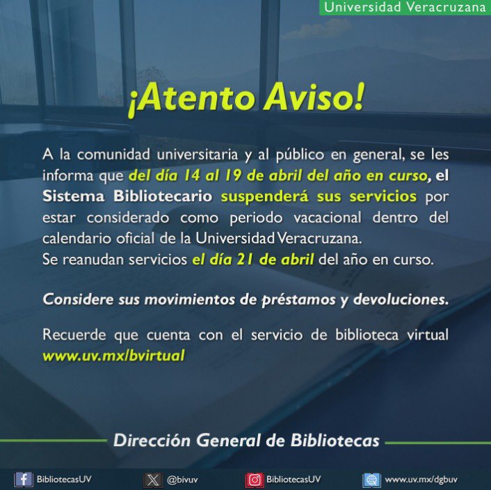 RegionalOz's tweet photo. #ComunidadUV toma nota, el sistema bibliotecario suspende actividades del 14 al 19 de abril por periodo vacacional.

Considera tus movimientos de préstamos y devoluciones.

#bibliotecasUV #UtilizaBiVi https://t.co/bH9A9AkzS4
