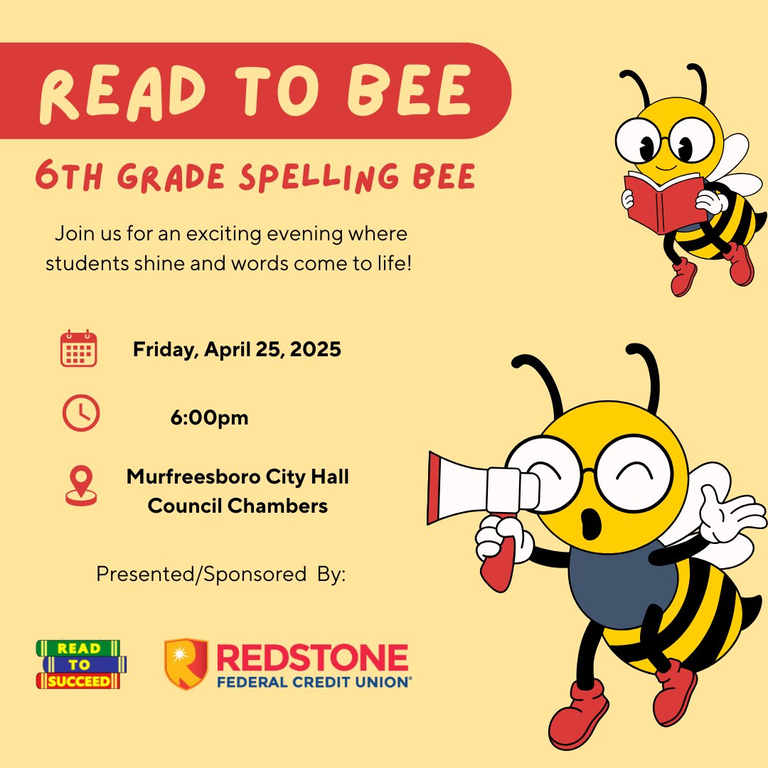 Read To Succeed π (@readtosucceed) on Twitter photo Join us for the 2025 #ReadToBee on April 25 at City Hall Council Chambers in Murfreesboro! Cheer on top spellers from local schools at this free community event. π
Thanks to <a href="/RedstoneFCU/">RedstoneFCU</a> for sponsoring! Questions? Email Andrea at mediaevents@readtosucceed.org Join us for the 2025 #ReadToBee on April 25 at City Hall Council Chambers in Murfreesboro! Cheer on top spellers from local schools at this free community event. π
Thanks to <a href="/RedstoneFCU/">RedstoneFCU</a> for sponsoring! Questions? Email Andrea at mediaevents@readtosucceed.org