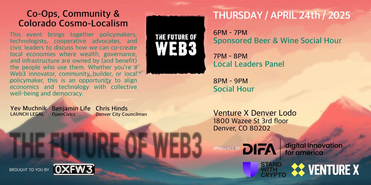 The FW3 (@0xfw3) on Twitter photo Weβre back!
Stoked to welcome <a href="/ChrisForDenver/">ChrisForDenver</a> <a href="/YevMuchnik/">Yev Muchnik</a> and <a href="/omniharmonic/">Benjamin Life</a> for an evening of local plurality & insights.
How can emerging tech and hyper-local governance serve citizens, empower communities, and foster inclusive decision-making?
RSVP: lu.ma/cofuture Weβre back!
Stoked to welcome <a href="/ChrisForDenver/">ChrisForDenver</a> <a href="/YevMuchnik/">Yev Muchnik</a> and <a href="/omniharmonic/">Benjamin Life</a> for an evening of local plurality & insights.
How can emerging tech and hyper-local governance serve citizens, empower communities, and foster inclusive decision-making?
RSVP: lu.ma/cofuture