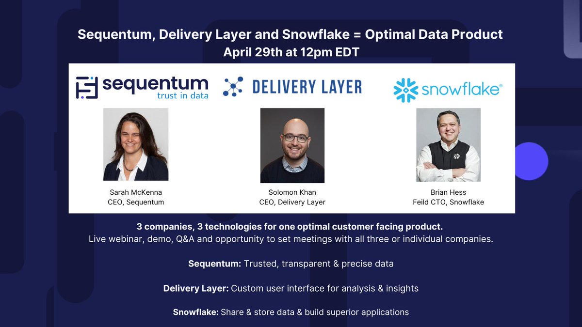 Sequentum (@sequentuminc) on Twitter photo 🚀 See how <a href="/sequentuminc/">Sequentum</a> , <a href="/deliverylayer/">Delivery Layer</a> & <a href="/SnowflakeDB/">SnowflakeDB</a> power the ultimate customer-facing product. Free webinar, Q&A, April 29th, 12pm. Don’t miss it!
🔗 Register now: events.zoom.us/ev/Am6oMAtazi1…
#Webinar #DataDriven #Sequentum #DeliveryLayer #Snowflake 🚀 See how <a href="/sequentuminc/">Sequentum</a> , <a href="/deliverylayer/">Delivery Layer</a> & <a href="/SnowflakeDB/">SnowflakeDB</a> power the ultimate customer-facing product. Free webinar, Q&A, April 29th, 12pm. Don’t miss it!
🔗 Register now: events.zoom.us/ev/Am6oMAtazi1…
#Webinar #DataDriven #Sequentum #DeliveryLayer #Snowflake