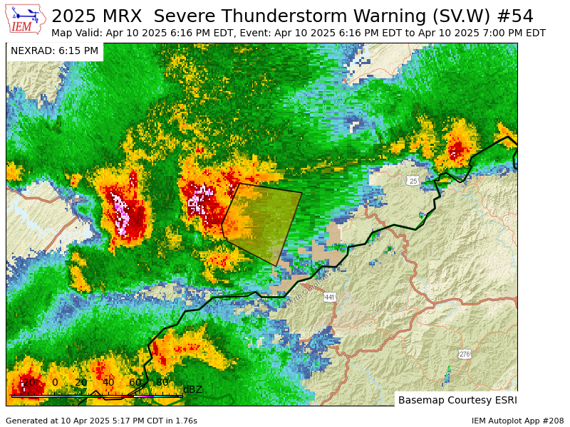 VictoriaCavWx's tweet photo. MRX issues Severe Thunderstorm Warning [wind: <50 MPH (RADAR INDICATED), hail: 1.00 IN (OBSERVED)] for Sevier [TN] till 7:00 PM EDT https://t.co/J7czu20VGk https://t.co/UlCrUxxM2n