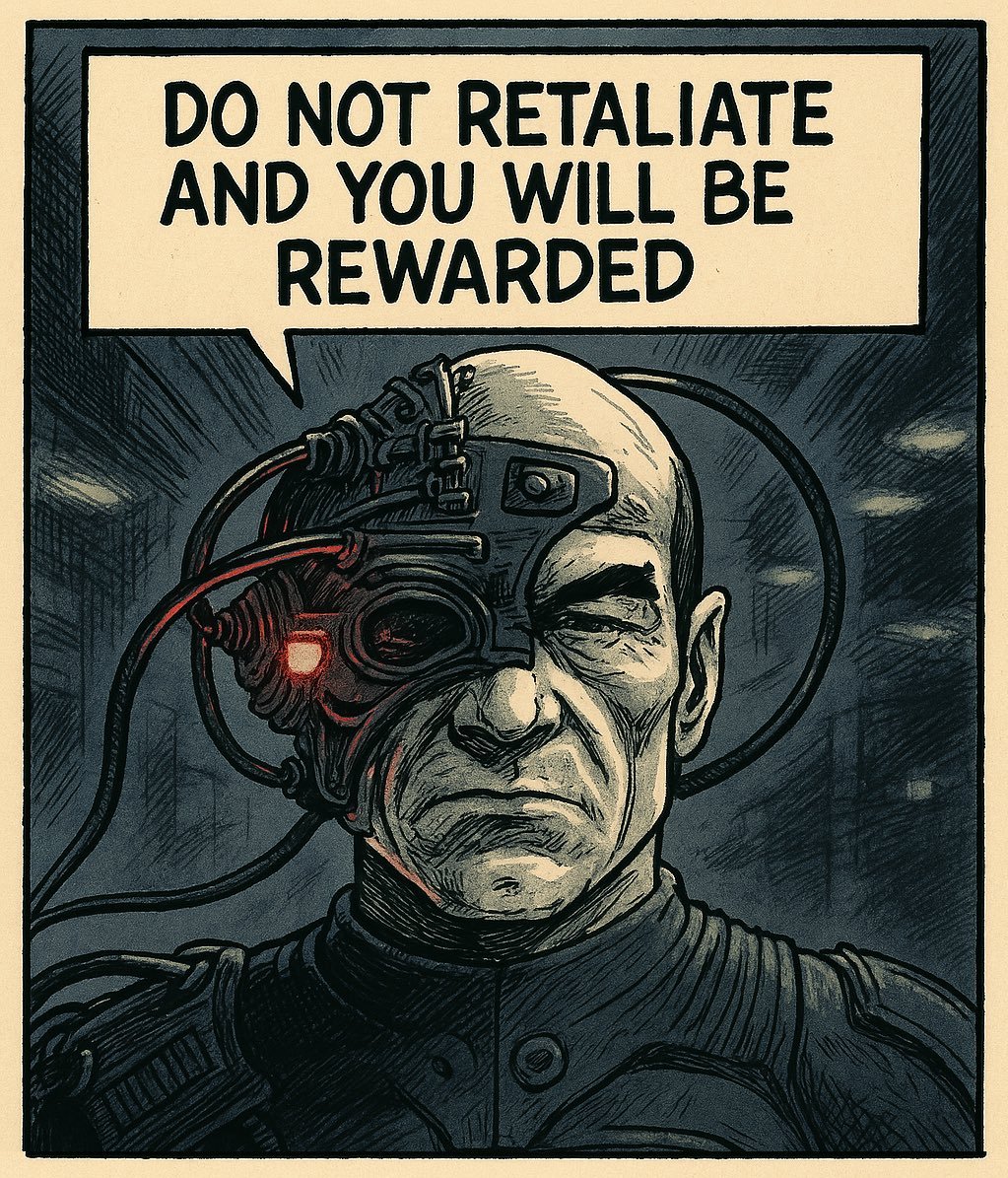 ZEOCMF's tweet photo. "DO NOT RETALIATE AND YOU WILL BE REWARDED"  #DNRAYWBR #Borg https://t.co/rxs6iYKgrL