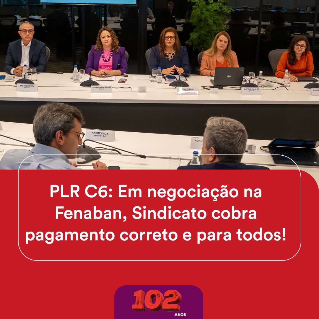 Hoje 10, o Sindicato se reuniu com a direção do C6 Bank e cobrou do banco o pagamento correto da PLR, para todos os bancários, conforme as regras previstas na CCT. Saiba mais: bit.ly/447zAnV
