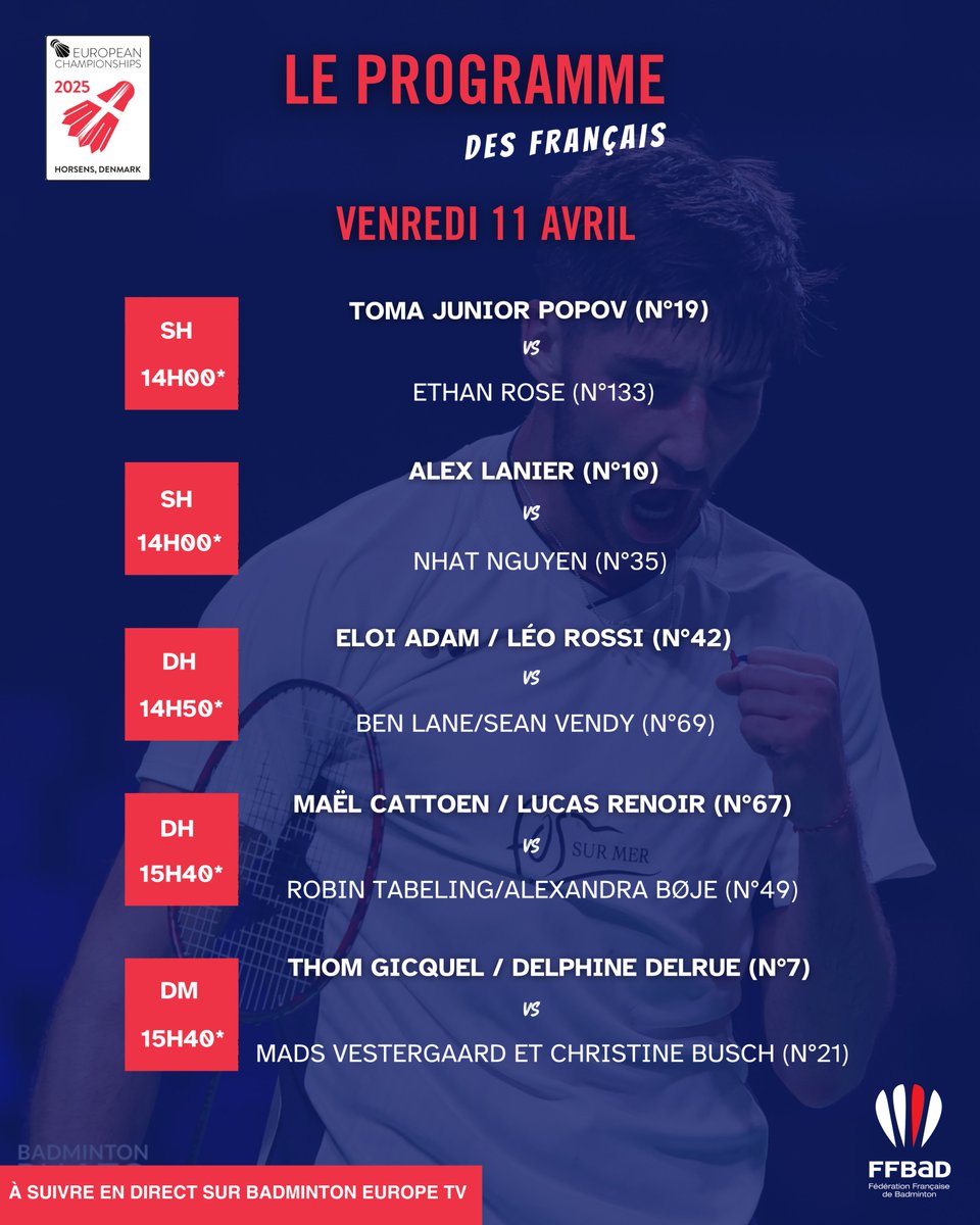 FFBaD's tweet photo. Nouvelle journée pour les Bleus à Horsens 🇩🇰

Découvrez le programme des Français 🇫🇷 pour ce quatrième jour des #ChampionnatsdEurope 👀

📺 En direct sur https://t.co/jBRvJt46sK

#europeanchampionships #badminton #ffbad #ec2025 #badmintonlovers https://t.co/Rz7gPFff7h