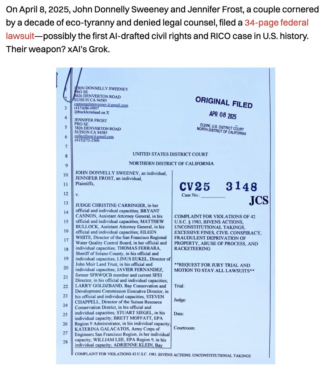 TheDailyMuck's tweet image. The first ever Grok-powered federal lawsuit was just filed by @bucklerisland owner John Sweeney. This historic document outlines a 25-year conspiracy of eco-tyranny in CA that stole $152 million in property and nearly erased the Delta Smelt.
Full story: dailymuck.com/ai-power
