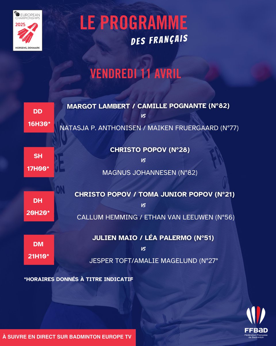 FFBaD's tweet photo. Nouvelle journée pour les Bleus à Horsens 🇩🇰

Découvrez le programme des Français 🇫🇷 pour ce quatrième jour des #ChampionnatsdEurope 👀

📺 En direct sur https://t.co/jBRvJt46sK

#europeanchampionships #badminton #ffbad #ec2025 #badmintonlovers https://t.co/Rz7gPFff7h