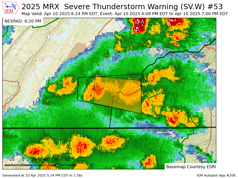 VictoriaCavWx's tweet photo. MRX continues Severe Thunderstorm Warning [wind: <50 MPH (RADAR INDICATED), hail: 1.00 IN (RADAR INDICATED)] for Cherokee [NC] and McMinn, Monroe, Polk [TN] till 7:00 PM EDT https://t.co/AbKIIXtTtz https://t.co/UrCsOgBH6F