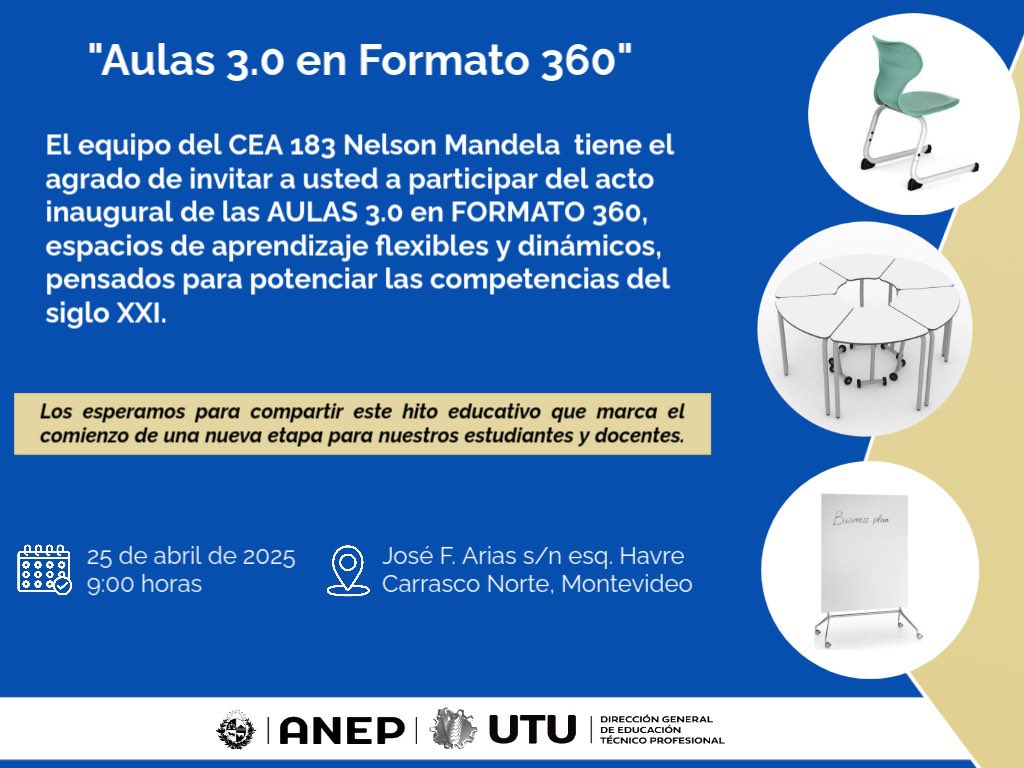 GSilvera06's tweet photo. El CEA 183 Nelson Mandela @UTU_Uruguay inaugura sus Aulas 3.0 en Formato 360°, espacios pensados para promover el aprendizaje activo, colaborativo y con uso significativo de tecnología
Hito educativo que marca una nueva etapa, más justa inclusiva e innovadora
#EducacionPublica🇺🇾 https://t.co/uhuYPYCfRW