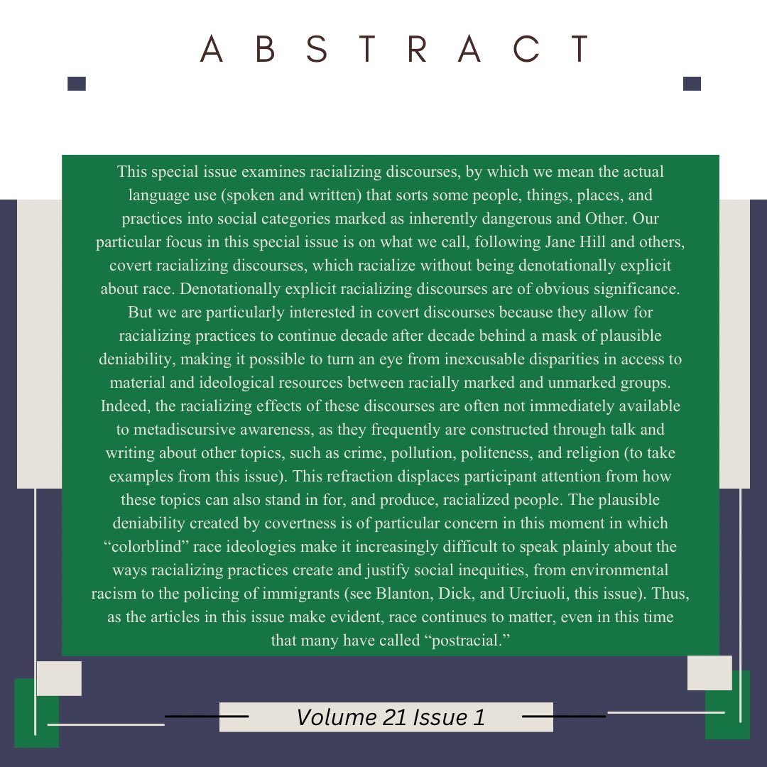 JournalLingAnth's tweet image. JLA has multiple special issue including this one on Racializing Discourses.
