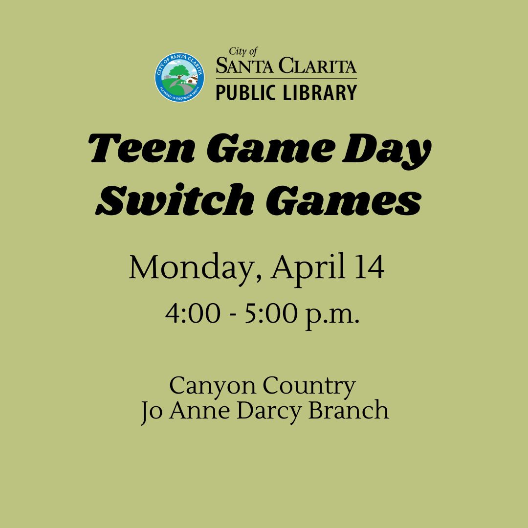 scvpubliclib's tweet photo. Ready to game? 🎮🔥 Teens and tweens, unwind after school at Teen Game Day: Switch Games on Monday, April 14 at the Canyon Country Jo Anne Darcy Branch! Challenge your friends, show off your skills and have an awesome time playing switch games. 🕹 https://t.co/dLvvZLC4WH