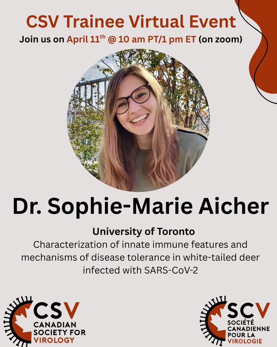 The CSV Trainee Virtual Seminar Series is happening TOMORROW April 11th at 10 am PT/1 pm ET on zoom!! We would now like to introduce you to another one of our speakers, Dr. Sophie-Marie Aicher, a postdoctoral fellow at the University of Toronto.