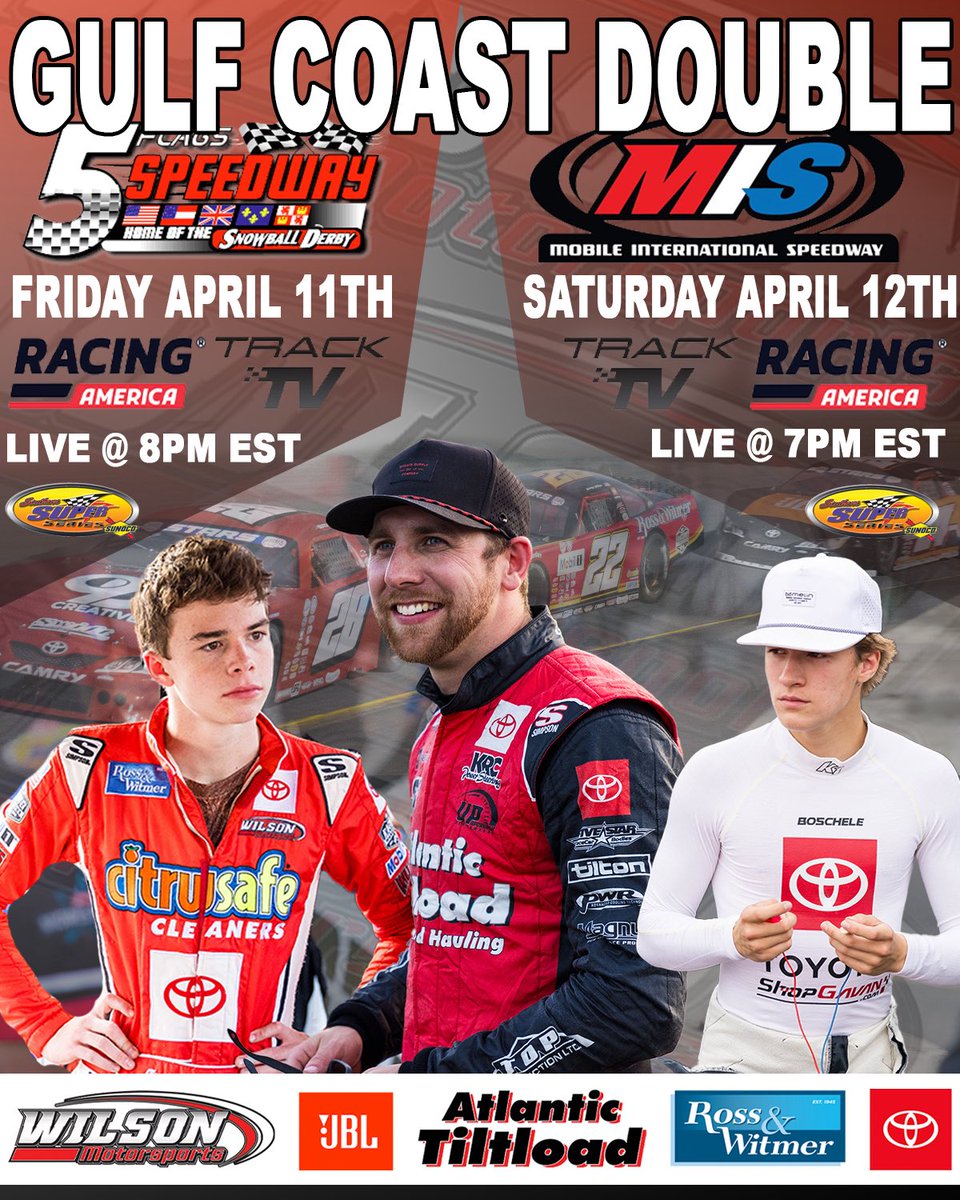Wilson Motorsports (@dwmotorsports2) on Twitter photo Race weekend on the Gulf!
Back to back races at Five Flags Speedway and Mobile International Speedway with the Southern Super Series! Two chances to end up in victory lane this weekend and we are looking to capitalize! Catch us on both <a href="/RacingAmerica/">Racing America</a> and Tracktv.com Race weekend on the Gulf!
Back to back races at Five Flags Speedway and Mobile International Speedway with the Southern Super Series! Two chances to end up in victory lane this weekend and we are looking to capitalize! Catch us on both <a href="/RacingAmerica/">Racing America</a> and Tracktv.com