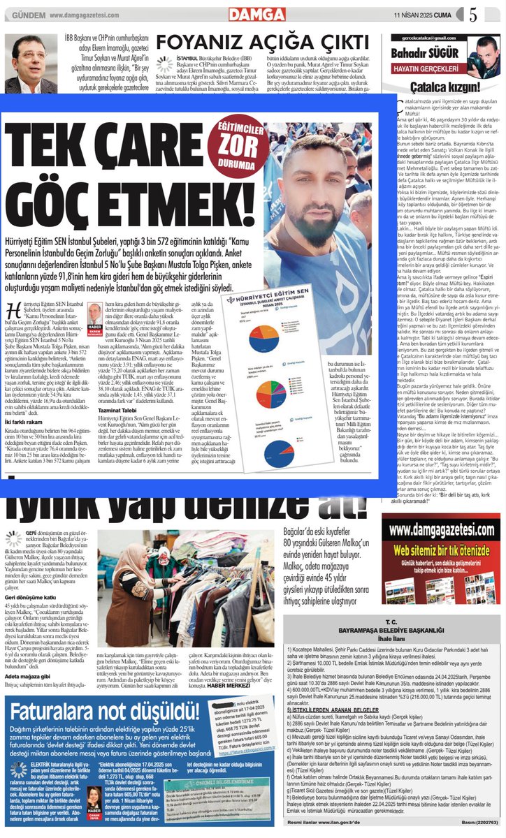 mtpisken's tweet photo. Umutsuzluğun Hakim Kılındığı “Büyükşehir Çalışma Ortamında” Kamu Personeli Çareyi GÖÇ ETMEK Olarak Görüyor;
(Haber Detayları)

TEK ÇARE GÖÇ ETMEK!

Hürriyetçi Eğitim SEN İstanbul Şubeleri, yaptığı 3 bin 572 eğitimcinin katıldığı “Kamu Personelinin İstanbul'da Geçim Zorluğu” başlıklı anketin sonuçlarını açıkladı. Anket sonuçlarını değerlendiren İstanbul 5 No’lu Şube Başkanı Mustafa Tolga Pişken, ankete katılanların yüzde 91,8'inin hem kira gideri hem de büyükşehir giderlerinin oluşturduğu yaşam maliyeti nedeniyle İstanbul'dan göç etmek istediğini söyledi.

Hürriyetçi Eğitim SEN İstanbul Şubeleri, üyeleri arasında “Kamu Personelinin İstanbul'da Geçim Zorluğu” başlıklı anket çalışması gerçekleştirdi. Anketin sonuçlarını Damga'ya değerlendiren Hürriyetçi Eğitim SEN İstanbul 5 No’lu Şube Başkanı Mustafa Tolga Pişken, nisan ayının ilk haftası yapılan ankete 3 bin 572 eğitimcinin katıldığını belirterek, “Anketin sonuçlarında tüm şube başkanlarımızın kurum ziyaretlerinde bizlere sıkça bildirilen "ev kiralarının fazlalığı, kredi ödemede yaşan zorluk, tersine göç isteği" ile ilgili dikkat çekici sonuçlar ortaya çıktı. Ankete katılan üyelerimizin yüzde 54,9'u kira ödediklerini, yüzde 16,9'u da oturdukları evin sahibi olduklarını ama kredi ödediklerini belirtti” dedi. 

İki Farklı Rakam

Kirada oturduğunu belirten bin 964 eğitimcinin 10 bin ve 50 bin lira arasında kira ödediğini beyan ettiğini ifade eden Pişken, “Kirada oturan yüzde 76,4 oranında üyemiz 10 bin 25 bin arası kira ödediğini belirti. Ankete katılan 3 bin 572 kamu çalışanı hem kira gideri hem de büyükşehir giderlerinin oluşturduğu yaşam maliyetinin diğer illere oranla daha yüksek olmasından dolayı yüzde 91,8 oranla kendilerinde 'göç etme isteği' oluştuğunu ifade etti. Genel Başkanımız Levent Kuruoğlu 3 Nisan 2025 tarihli basın açıklamasında, 'Alım gücü her dakika düşüyor' açıklamasını yapmıştı.  Açıklamanın detaylarında ENAG, mart ayı enflasyonunu yüzde 3,91; yıllık enflasyonu ise yüzde 75,20 olarak açıklarken her zaman olduğu gibi TÜİK, mart ayı enflasyonunu yüzde 2,46; yıllık enflasyonu ise yüzde 38,10 olarak açıkladı. ENAG ile TÜİK arasında aylık yüzde 1,45, yıllık yüzde 37,1 oranında fark var” ifadelerini kullandı. 

Tazminat Talebi

Hürriyetçi Eğitim Sen Genel Başkanı Levent Kuruoğlu'nun, “Alım gücü her gün değil, her dakika düşen memur, emekli ve tüm dar gelirli vatandaşlarımız için acil tedbirler hayata geçirilmelidir. Refah payı düzenlemesi sistem haline getirilirken ek zam mutlaka yapılmalı, enflasyon tek haneli rakamlara düşene kadar 6 aylık zam yerine aylık ya da en azından üçer aylık dönemlerle zam yapılmalıdır” açıklamasını hatırlatan Mustafa Tolga Pişken, “Genel Başkanımız mevcut durumu özetlemiş ve kamu çalışanı ve emeklisi lehine çözüm yolu önermiştir. Genel Başkanımızın açıklamalara ek olarak mevcut enflasyon oranlarının reel enflasyonla uyuşmamasına rağmen açıklanan haliyle bile yüksekliği üyelerimizin tersine göç isteğini arttıracağı bu durumun ise İstanbul'da bulunan kadrolu personel yetersizliğini daha da artıracağı aşikardır. Hürriyetçi Eğitim Sen İstanbul Şubeleri olarak defaatle belirttiğimiz 'büyükşehir tazminatının' Milli Eğitim Bakanlığı tarafından yasalaştırılmasını bekliyoruz” çağrısında bulundu.
#öğretmen #İstanbul #geçimzorluğu #göçetmek #memur #meb #büyükşehirtazminatı 
@leventkuruoglu @ahasanpasaoglu @oguzidug @gazi6308 @_erol_usta @Ramazanirge1 @emrahgultekin25 @ugurbasar60 @akadirapaydin @bulutmurat @yildizihsan61 

https://t.co/AByomrL8v8