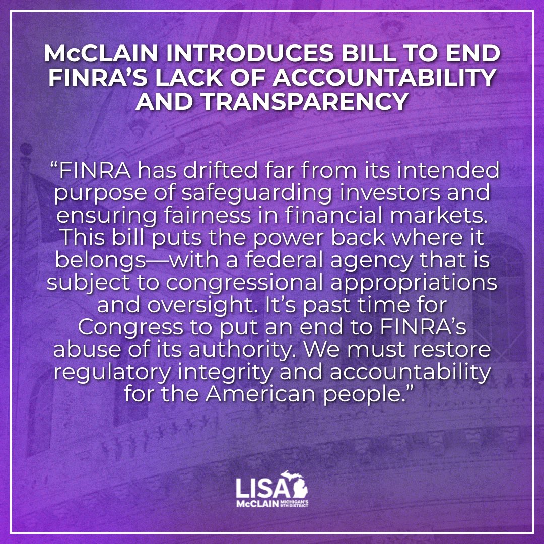 I introduced legislation to transfer FINRA's rulemaking, examination, and enforcement authority to the Securities and Exchange Commission.
 
We must restore regulatory integrity and accountability for the American people. (1/2)