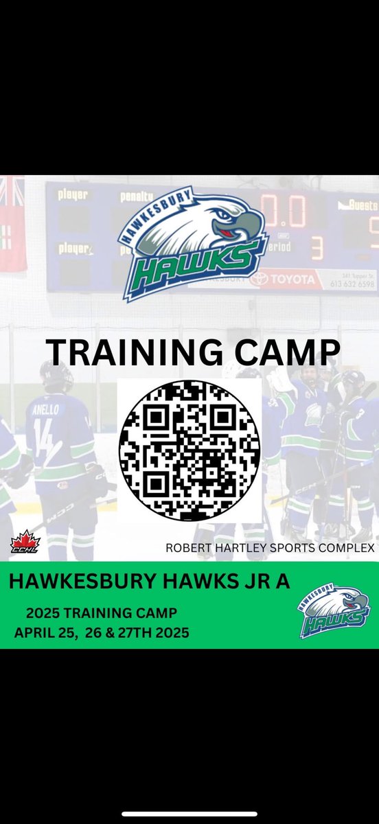Still time to lock in your spot for the Hawkesbury Hawks JRA Training Camp April 25,26&amp;27,2025

Scan the QR Code below to fill out the registration form. 

Who will be next to join “The Flock”