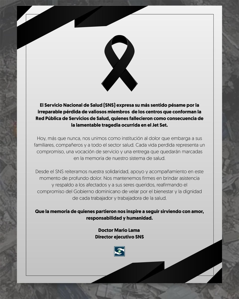 Titular SNS lamenta profundamente la partida de valiosos miembros de la Red Pública de Servicios de Salud. Su entrega y vocación quedarán para siempre en nuestra memoria.🕊️🙏