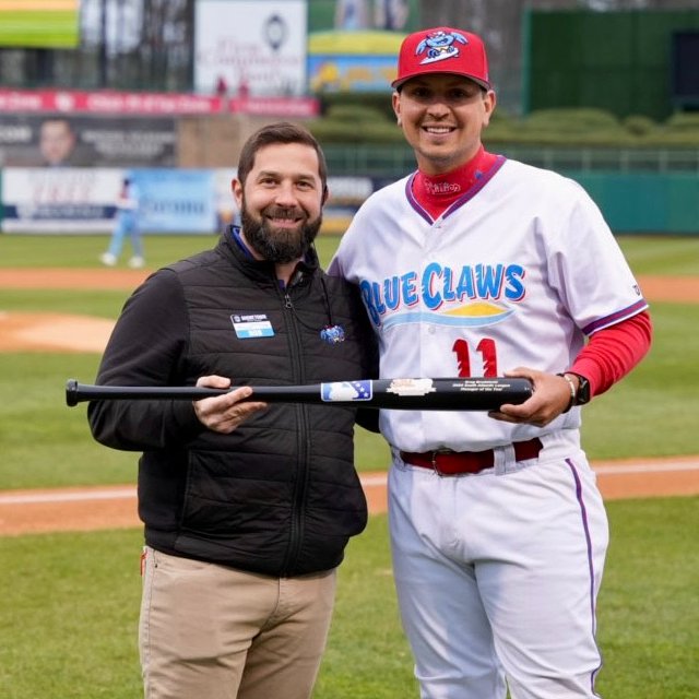 BlueClaws's tweet photo. Before the game today, we presented BlueClaws manager Greg Brodzinski with an engraved bat sent by Major League Baseball in honor of Greg's 2024 SAL Manager of the Year Award! Congrats, Bull! https://t.co/Iae1dgoEdV