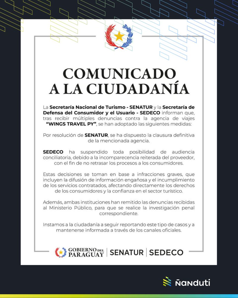 nanduti's tweet photo. 🚨 Clausuran definitivamente una agencia de viajes por incumplir con sus servicios y difundir información falsa 

👉🏼 La Senatur y Sedeco determinaron el cierre definitivo de la firma luego de varios intentos de conciliación con el proveedor, indicaron a través de un comunicado. 

#Ñanduti