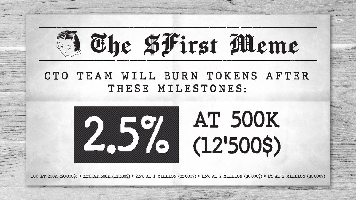 FirstMeme_SOL's tweet photo. We just burned 2.5% more (12'500$ usd) 

https://t.co/Sj6iX3B5uI…   

CTO team will burn tokens after these milestones:  
1. 10% at 200k (20’000$) ✅
2. 2.5% at 500k (12’500$) ✅
3. 2.5% at 1 million (25’000$) 
4. 1.5% at 2 million (30’000$) 
5. 1% at 3 million (30’000$) https://t.co/toNcnxTHcu