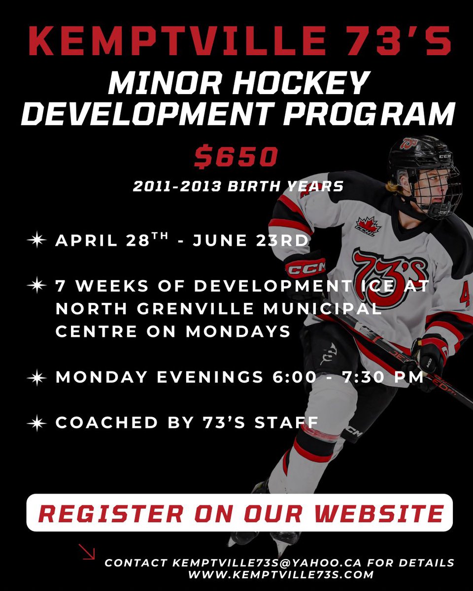 We are just over 2 weeks away from our Minor Hockey Development program start date! Program is open to 2011-2013 birth years and will run on Monday evenings from April 28th - June 23rd. Use link in below to register
🔗 forms.gle/zUeK6s2kwPCDmW…